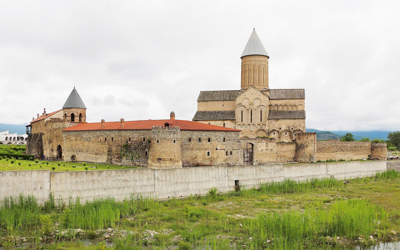 11th-century Alaverdi Monastery against the Caucasus Mountains in Kakheti